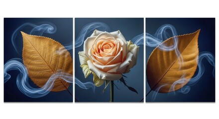 Ethereal rose bloom surrounded by wisps of blue smoke and autumn leaves