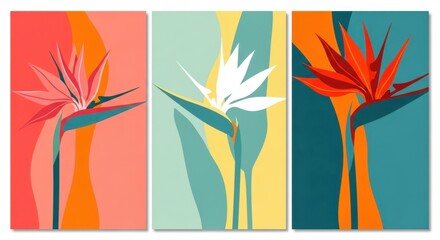 Vibrant abstract bird of paradise flowers in a triptych panel artwork