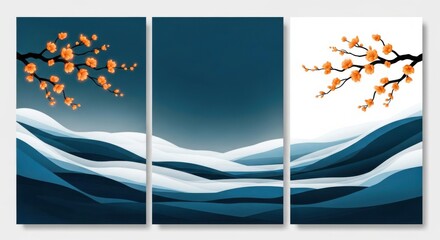 Tranquil triptych artwork featuring blooming branches over abstract blue waves