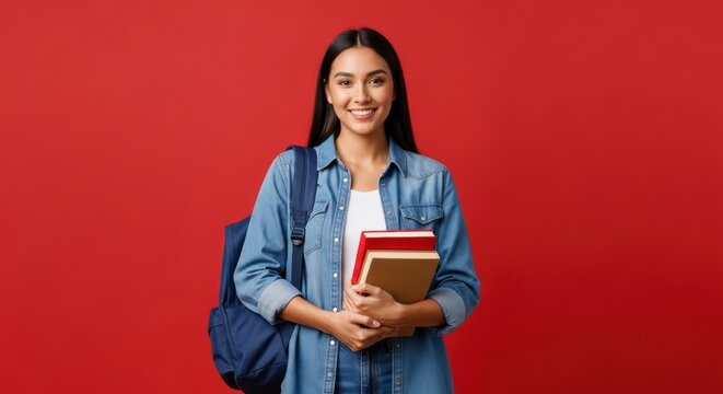 Smiling Student: A vibrant young woman, adorned with a backpack and holding books, radiates confidence against a bold, colorful background.