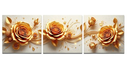 Elegant triptych wall art featuring golden rose blossoms and delicate swirls on a cream background
