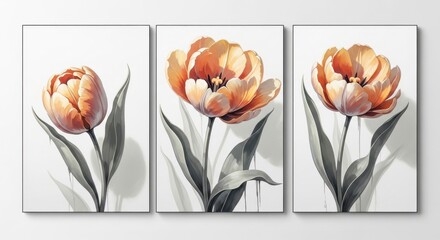 Three elegant orange tulips bloom in a vertical triptych art piece