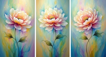 Ethereal triptych of softly painted peonies in pastel hues