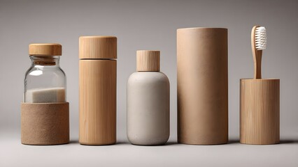 A collection of eco-friendly and sustainable personal care products and packaging, featuring natural materials like bamboo, glass, and stone, promoting conscious living.