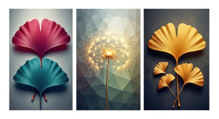 Three vertical panels featuring abstract ginkgo leaves and a luminous dandelion bloom