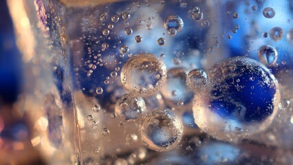Effervescent Blue Depths: Shimmering Macro Abstract of Air Bubbles and Liquid Spheres in a Clear Medium, Illuminated by Vibrant Light.
