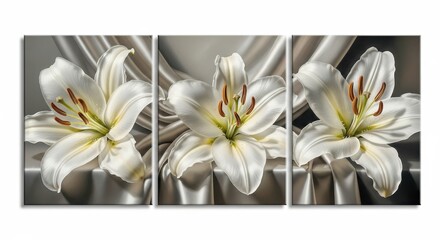 Elegant triptych canvas art featuring three white lilies with delicate petals and stamen