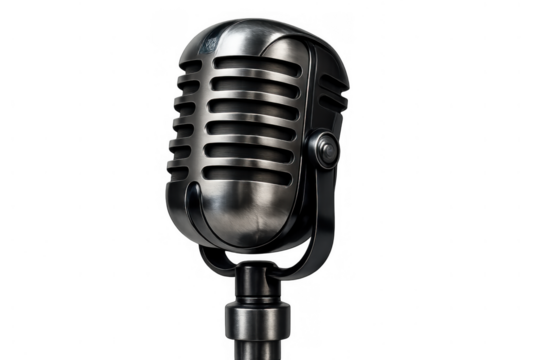 Vintage metal microphone on stand, broadcasting, recording, podcasting, performing, music, radio, sound production