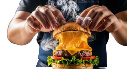 Chef Hand Assembling a Fresh Burger with Melting Cheese and Smoke Effect, Dynamic Composition