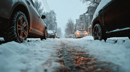 Winter Snow Covered Road with Car Tire Tracks, Snowy Street Surface, Vehicle Wheel Marks in Fresh White Snow, Cold Weather Driving Conditions