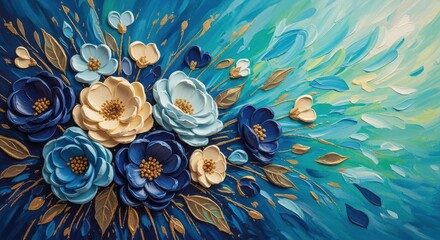 Textured impasto floral painting with vibrant blue and green abstract background