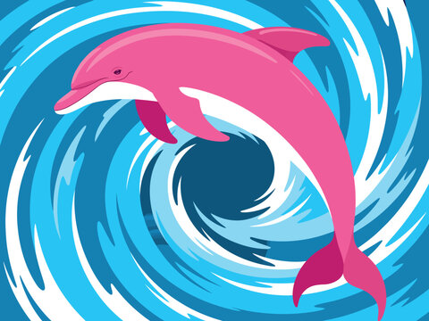 A vibrant pink dolphin gracefully leaps from a swirling blue wave, embodying joy and freedom.