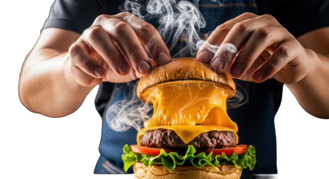 Chef Hand Assembling a Fresh Burger with Melting Cheese and Smoke Effect, Dynamic Composition
