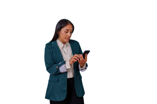 Businesswoman browsing mobile phone, using smartphone app, checking messages, working remotely, transparent background