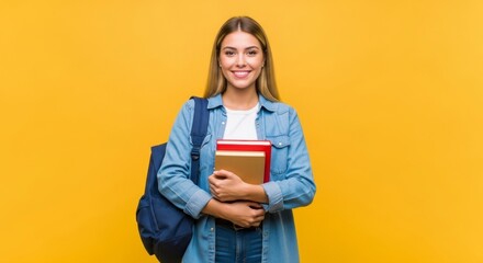 Young Student's Academic Journey: A radiant female student, her backpack and textbooks in tow, poised to embrace the opportunities of education, standing before an appealing backdrop.