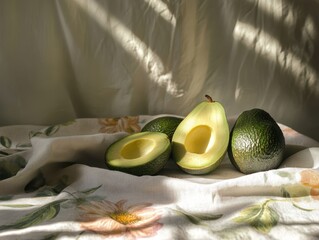 Sliced avocados in a still life photography.