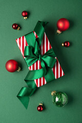 Merry Christmas and Happy Holidays greeting card, frame, banner. New Year. Red Christmas ornaments...