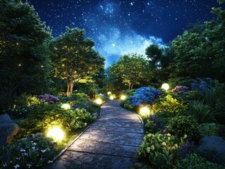 Obraz premium Serene night garden illuminated by glowing globes tranquil atmosphere peaceful plants starry sky