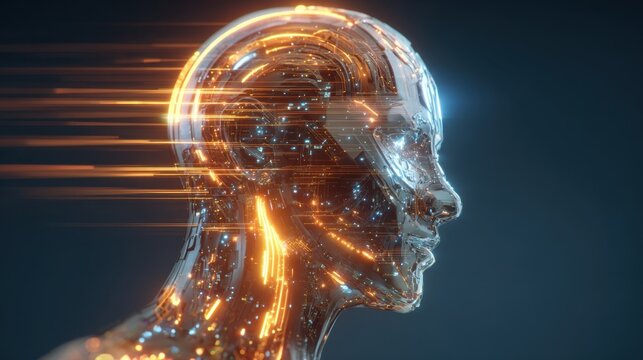 A detailed representation of a human head designed with glowing lines and digital circuits. The futuristic look emphasizes technology and innovation, suggesting advanced intelligence.
