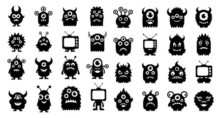 Collection of cute monster icons, cartoon characters, vector illustration