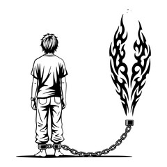 A chained boy gazes at his escaping spirit, symbolizing freedom and the struggle against mental health issues