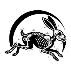A skeletal rabbit leaping in front of a crescent moon, creating a spooky and macabre halloween illustration