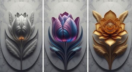 Three futuristic metallic and iridescent floral sculptures displayed vertically