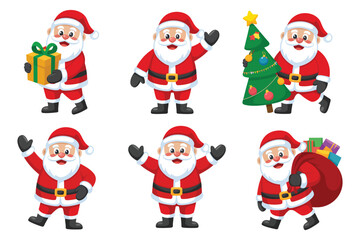 A collection of six cartoon illustrations of Santa Claus in various festive poses.