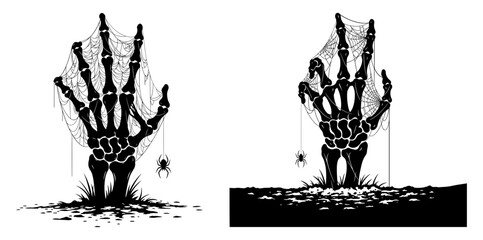 Skeleton hand rising from the grave covered in spiderweb