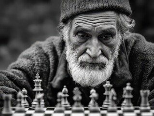 An old man is playing a chess.