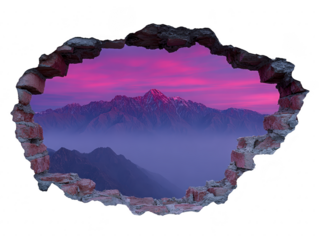 Mountain sunset purple sky brick wall hole landscape mist dramatic nature outdoor view. stunning mountain landscape with purple sunset sky is seen through hole brick wall creating dramatic