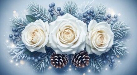 Elegant winter arrangement featuring white roses pine cones and frosted evergreen branches