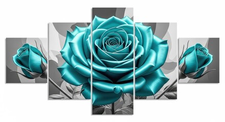 Stunning teal rose bloom and buds multi panel wall art for elegant home decor
