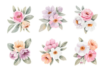 Fototapeta premium Watercolor peony and camellia bouquet with gentle pastel tones.