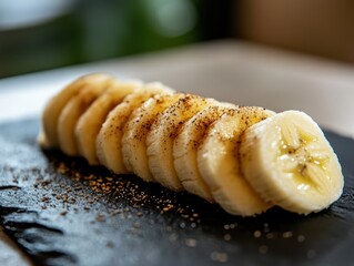 A banana sliced on the kitchen board.