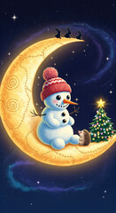 Obraz premium Snowman with Hedgehog on Moon in Starlit Sky. Whimsical illustration evoking childlike wonder and winter holidays. Festive cheer, magical realism, holiday fantasy.