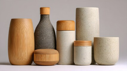 Earthy Elegance: A collection of natural, textured containers with wooden caps, showcasing minimalist design and sustainable materials for modern living.