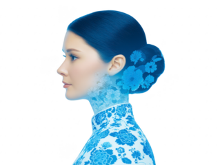 Elegant woman in profile with blue floral pattern dress, serene expression, hair in bun adorned with flower motifs, blending traditional and modern Asian style, isolated on white