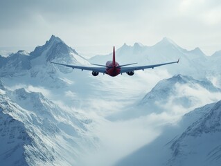 A big plane is flying above mountain.