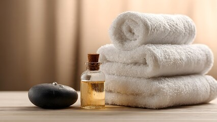 Spa Serenity: Essential Oil, Smooth Stone, and Plush White Towels for Ultimate Relaxation