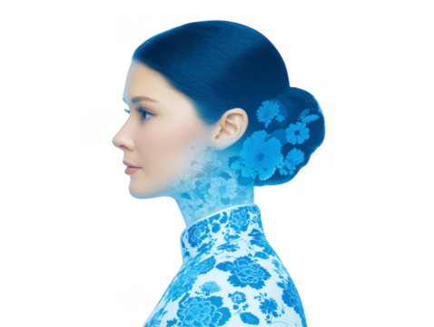 Elegant woman in profile with blue floral pattern dress, serene expression, hair in bun adorned with flower motifs, blending traditional and modern Asian style, isolated on white