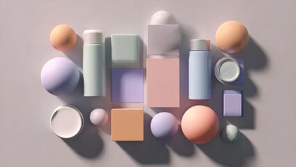 Pastel Geometry and Beauty: A Modern Still Life of Cosmetic Containers and Abstract Shapes with Soft Shadows