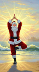 Santa Claus practices yoga on a sunny beach near a pier. A serene illustration of holiday cheer and well-being. Healthy lifestyle, festive relaxation, winter holiday.
