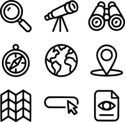 Search and Exploration Outline Icon Set Magnifier, Telescope, Binoculars, and Discovery Tools