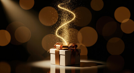 Gift box emitting golden sparks on a reflective surface. A magical surprise, with a sense of wonder and delight. Special occasion, festive atmosphere, luxury gift.