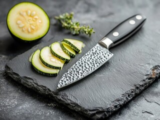 A sliced cucumber on the black board with a knife.