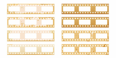 Collection of vintage film strips with blank frames and worn edges on a white background