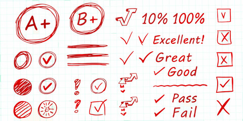 Hand drawn red marks and symbols for grading and feedback on a grid paper background