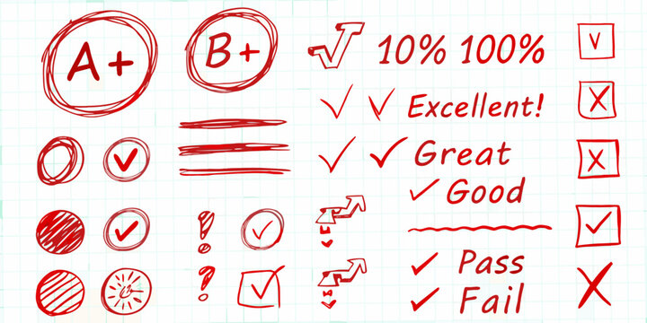 Hand drawn red marks and symbols for grading and feedback on a grid paper background