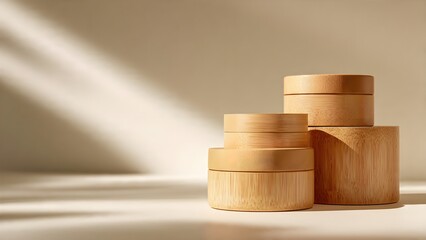 Natural Bamboo Cylinders Displayed with Soft Sunlight and Shadows, Emphasizing Eco-Friendly Product Presentation
